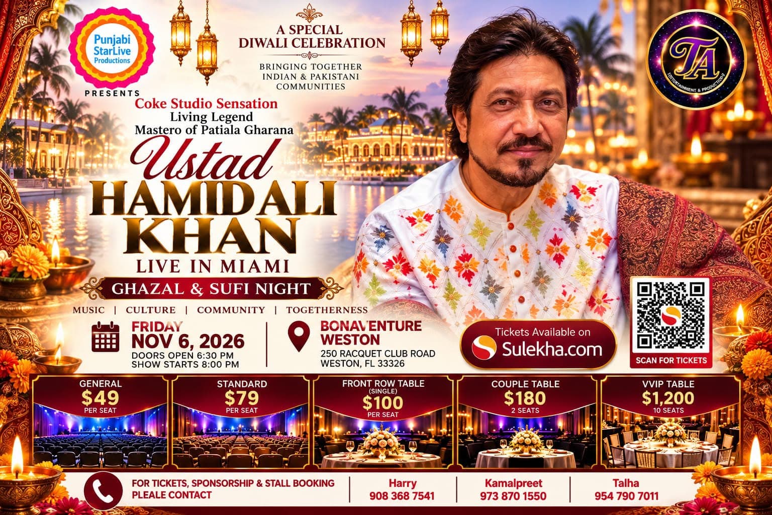 Flyer: Ustad Hamid Ali Khan Live in Miami, Punjabi StarLive Productions & TA Entertainment
