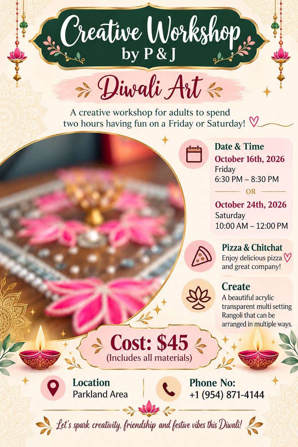 Flyer: Diwali Art Workshop: Acrylic Rangoli, Creative Workshop by P & J