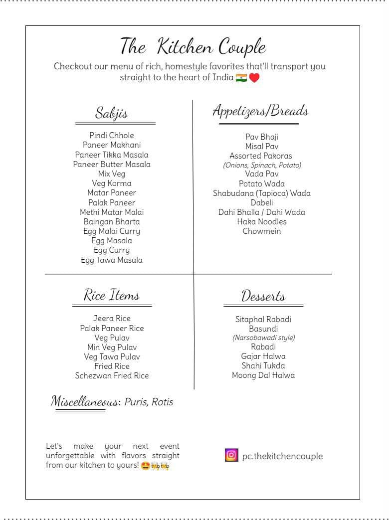 Flyer: Homestyle Indian Menu for Events, The Kitchen Couple