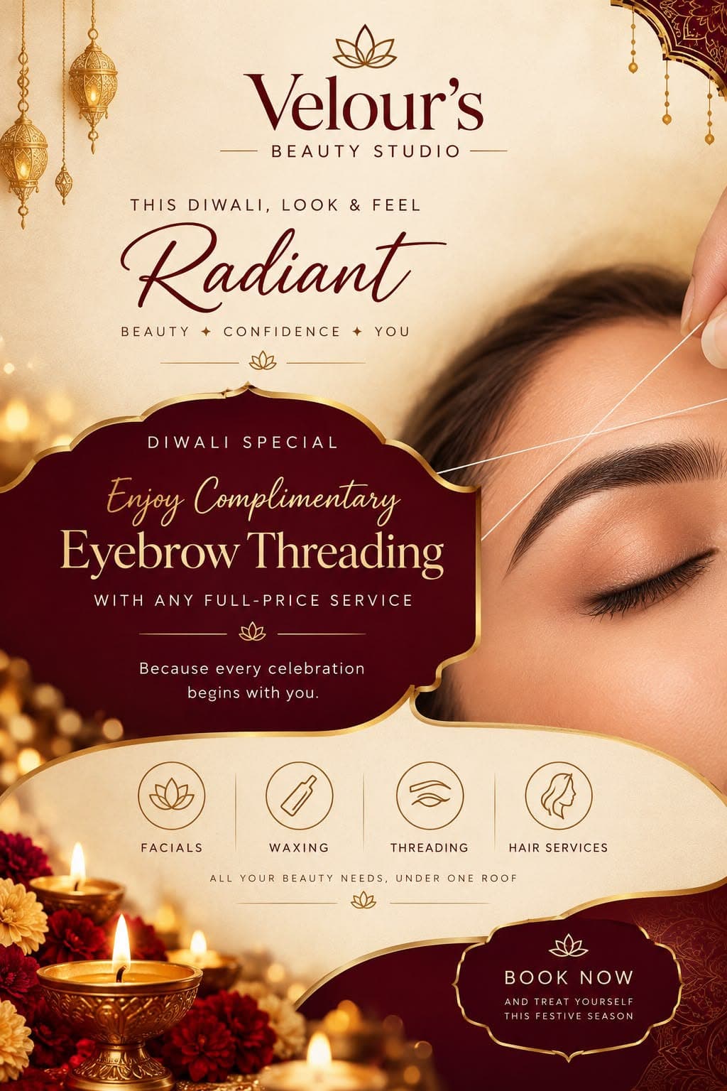 Flyer: Diwali Special: Free Eyebrow Threading, Velour's Beauty Studio