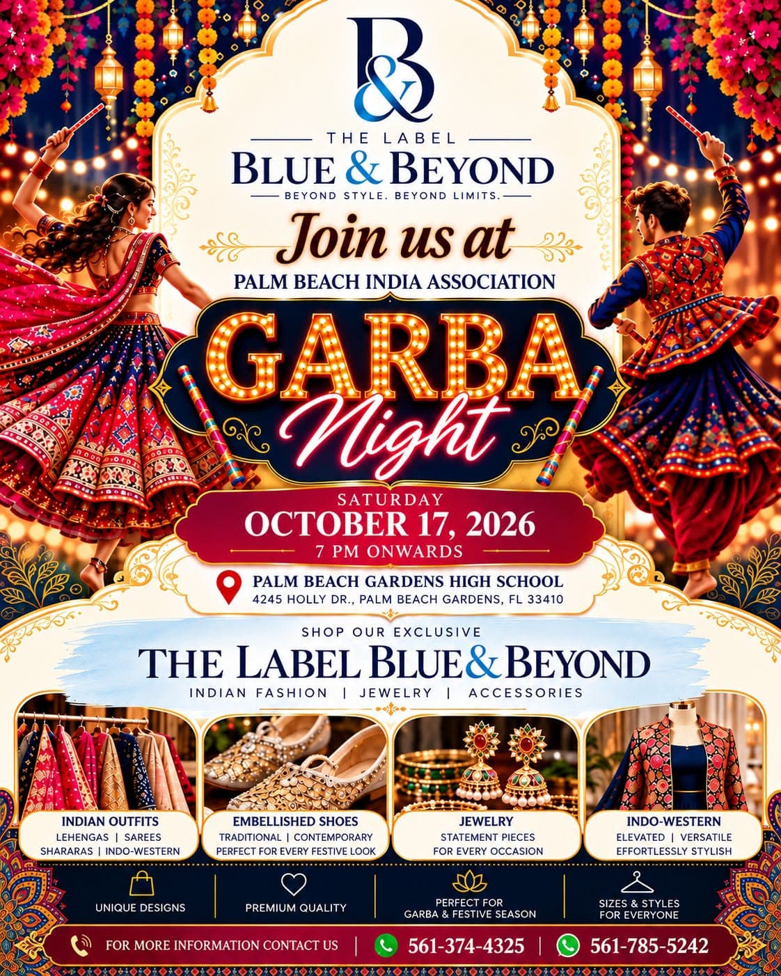 Flyer: Garba Night at Palm Beach India Association, The Label Blue & Beyond