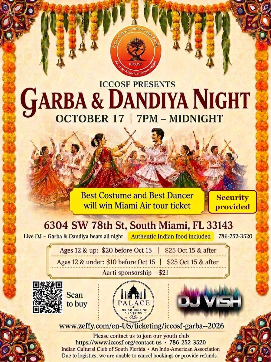 Flyer: Garba & Dandiya Night, Indian Cultural Club of South Florida (ICCOSF)