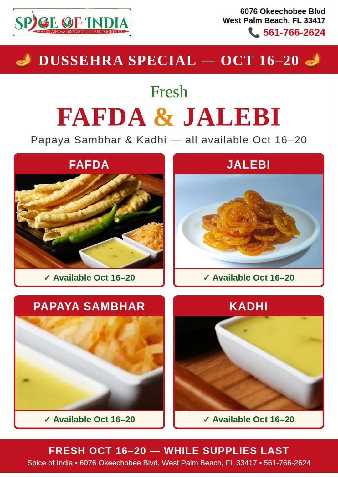 Flyer: Dussehra Special: Fresh Fafda & Jalebi, Spice of India