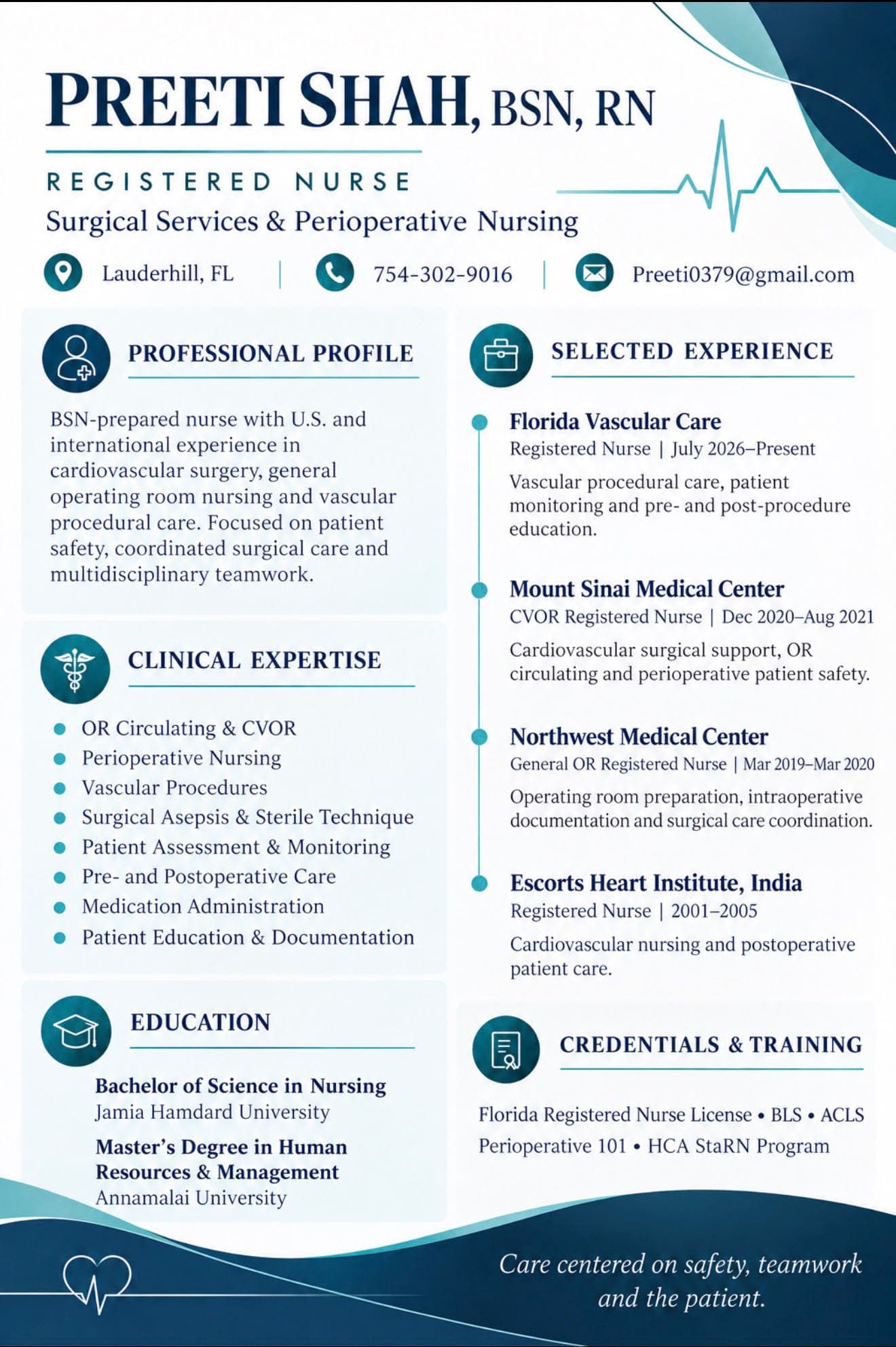 Flyer: Registered Nurse, Surgical & Perioperative, Preeti Shah, BSN, RN